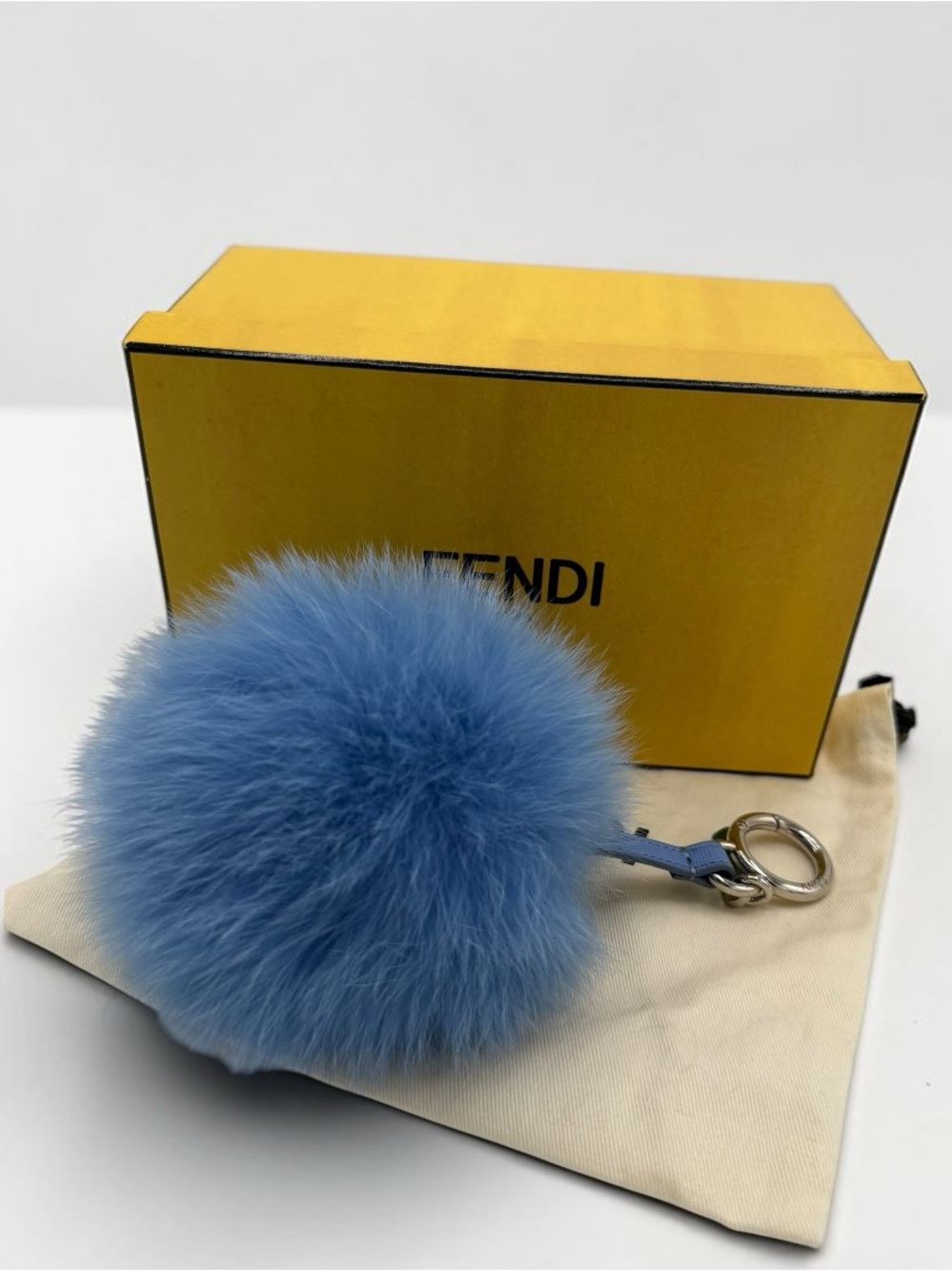 Fendi Light Blue Fox Fur Pom-Pom Key & Card Holder Charm